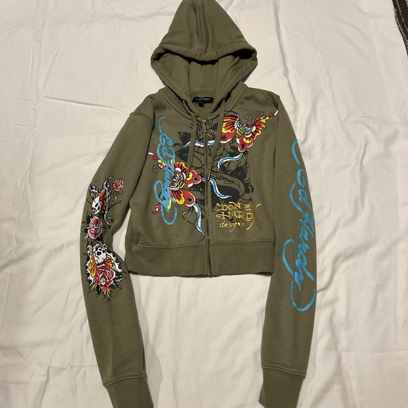 Ed Hardy Sweaters - Ed Hardy Khaki Hoodie with Vibrant Design